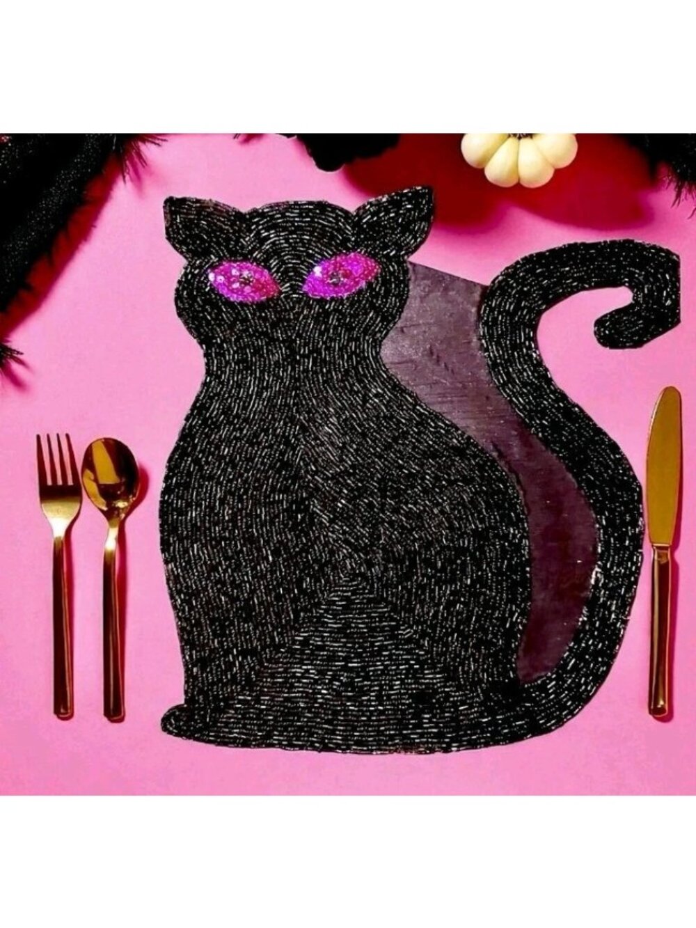 4 Halloween Beaded Black Cat Purple Eyes Placemat Charger 14” X 14” NEW